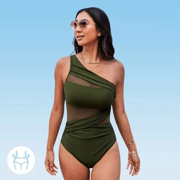 CUPSHE GREEN MESH CUTOUT TUMMY CONTROL ONE SHOULDER SWIMSUIT SIZE XS NWT - Picture 1 of 4